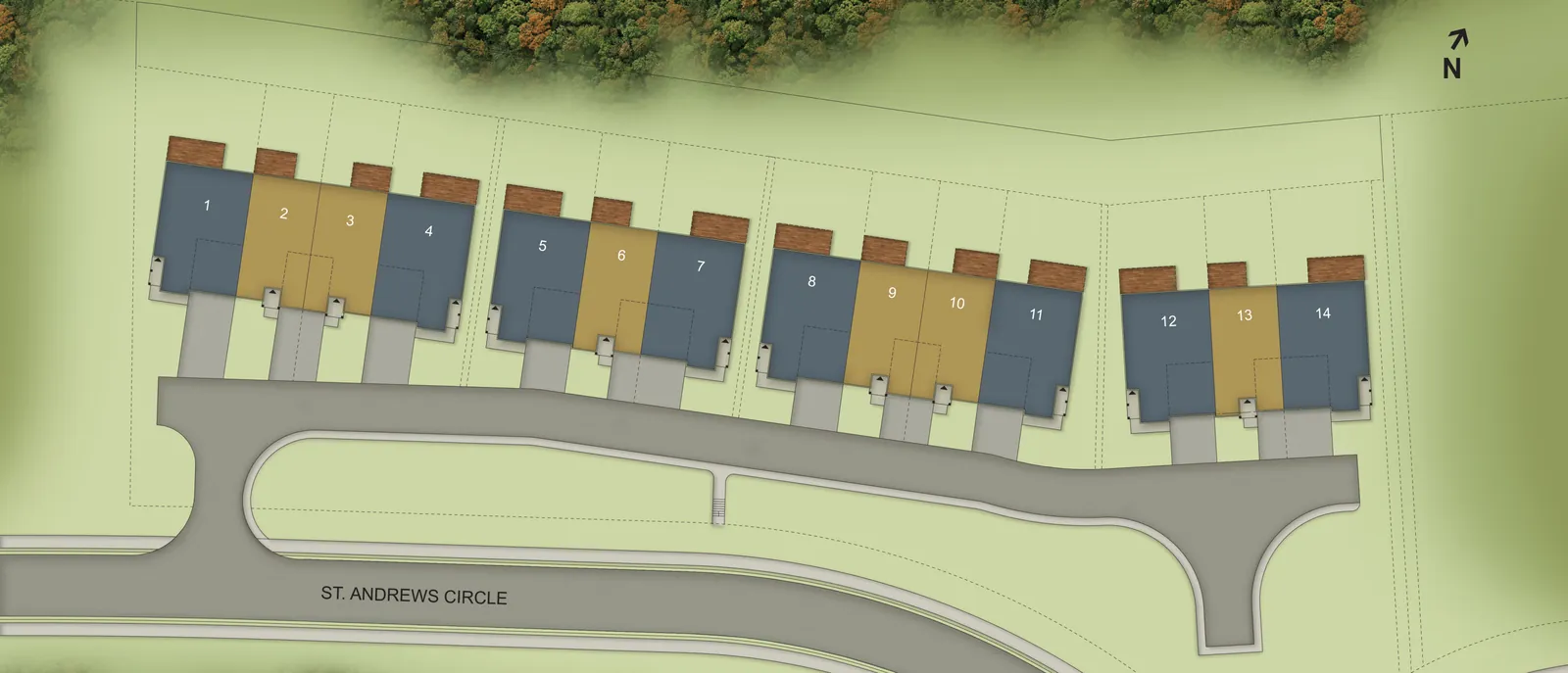 Site plan of Deerhurst Highlands Townhomes on St. Andrews Circle, showing units 1 to 14 with exterior units shaded blue and interior units shaded gold